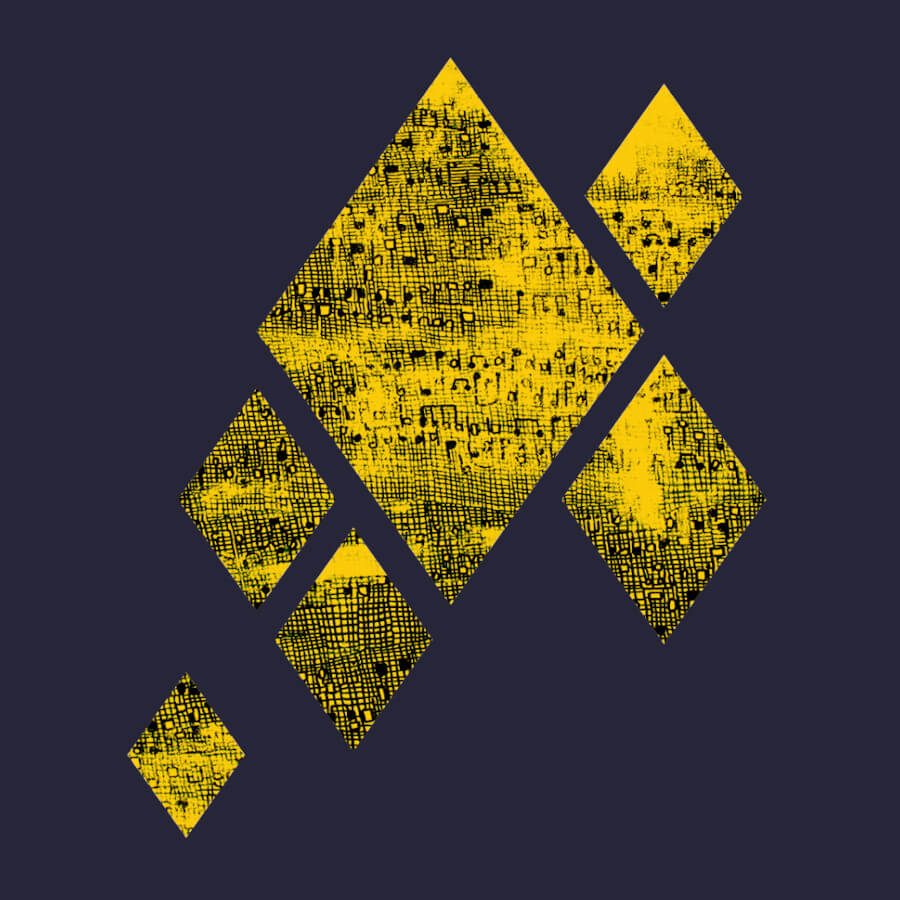 Am Bild sind Ausschnitte eines Ölgemäldes in Form von fünf Rauten. Eine große in der Mitte und vier kleinere arrangieren sich rund um die große Raute Alle haben einen gelben Hintergrund mit vielen kleinen schwarzen Musiknoten.