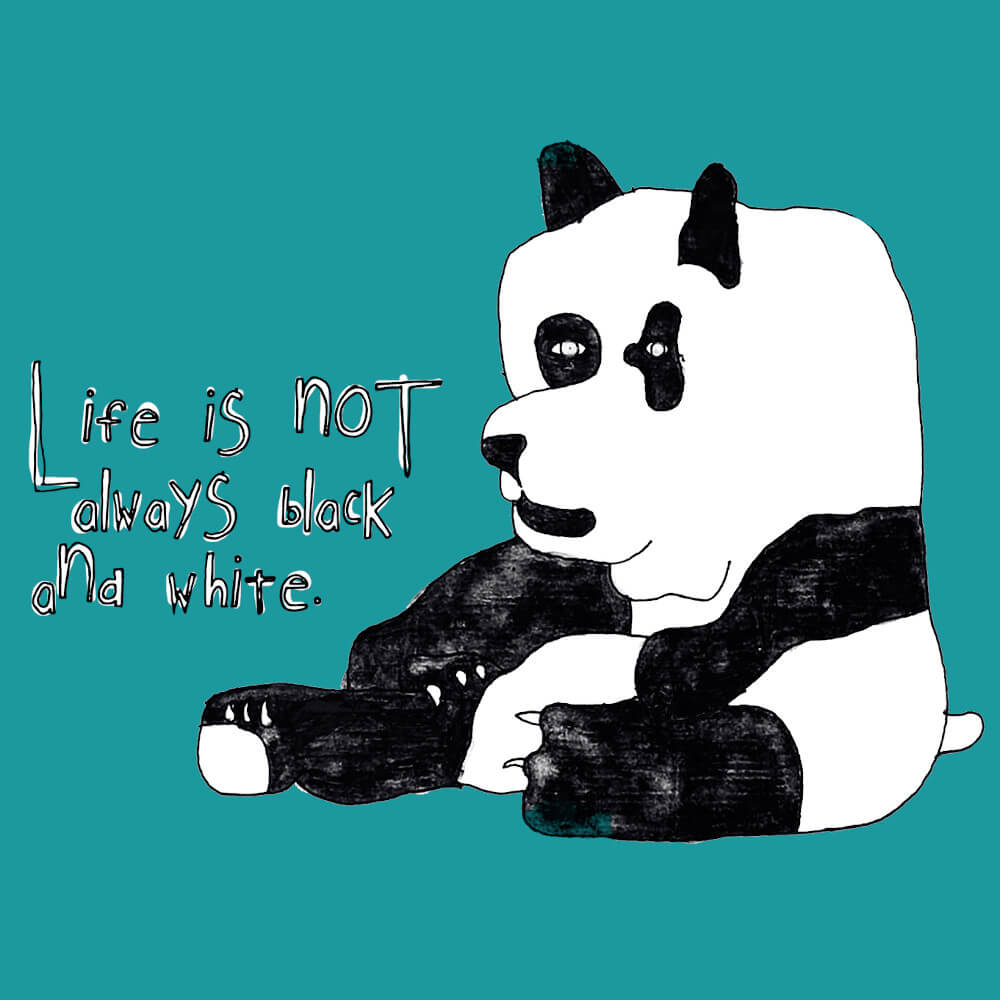 Ein kleiner Panda sitzt. Der Spruch darauf ist: "Life is not always black and white"