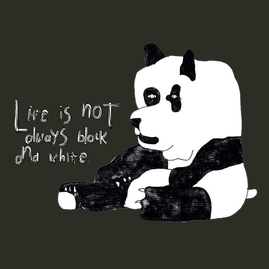 Ein kleiner Panda sitzt. Der Spruch darauf ist: "Life is not always black and white"